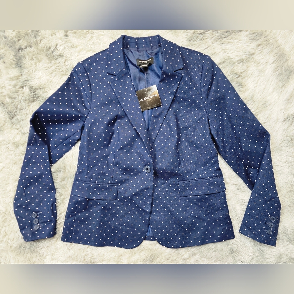 Liz Claiborne Navy Polka Dot Blazer Double Cotton Audra NWT